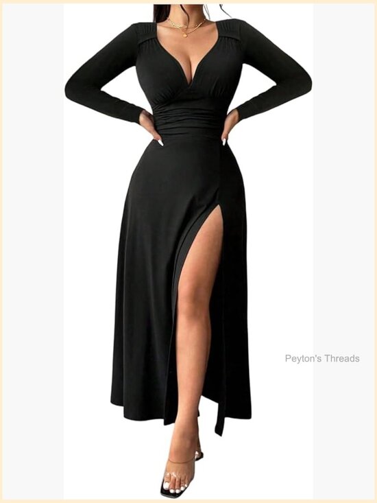 Dresses & Skirts - Long Sleeve Drop Waist Maxi Dress Deep V Neck High Split Party Formal